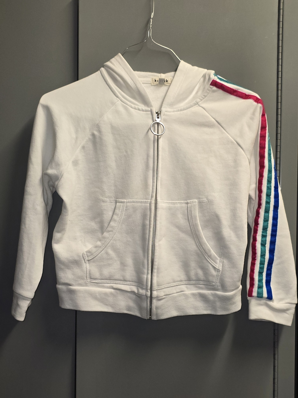 kidpik White Zip Hoodie with Pink Teal and Blue Shoulder Stripes